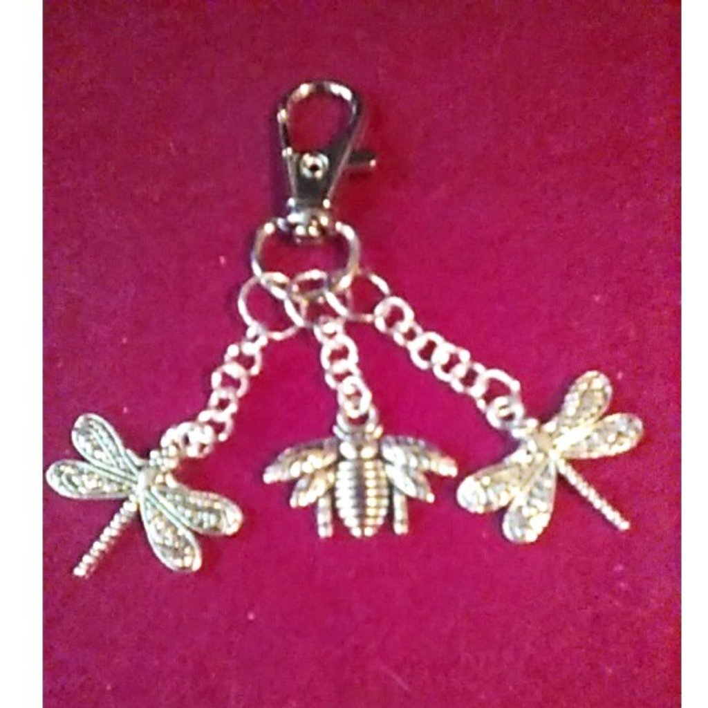 Bag Charm Bee + 2 Dragonflies Silver-Tone Or Zipper Pull Handcrafted New